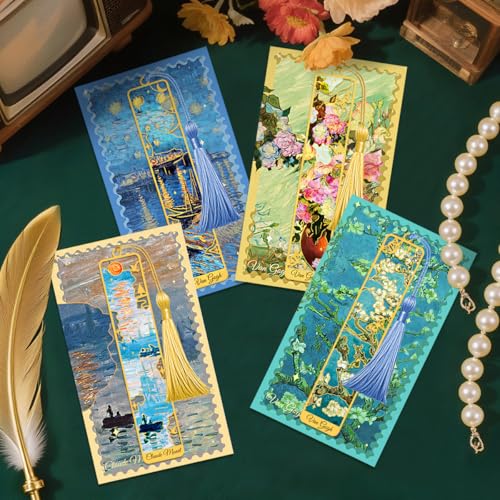 Kinsound Metal Bookmarks with Tassel, Golden Van Gogh Monet Oil Painting Theme Cute Hollow Book Markers for Reading Women, Teachers, Students, Reading Accessories Gifts for Book Lovers (Style B(4PCS)) - Image 4