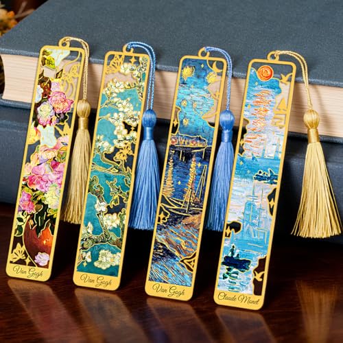 Kinsound Metal Bookmarks with Tassel, Golden Van Gogh Monet Oil Painting Theme Cute Hollow Book Markers for Reading Women, Teachers, Students, Reading Accessories Gifts for Book Lovers (Style B(4PCS)) - Image 2