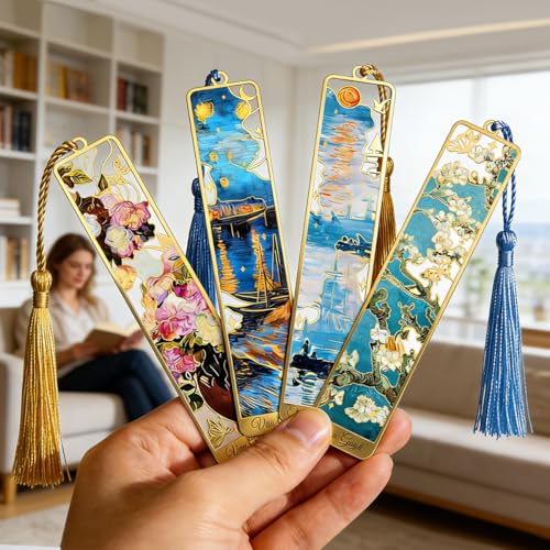 Kinsound Metal Bookmarks with Tassel, Golden Van Gogh Monet Oil Painting Theme Cute Hollow Book Markers for Reading Women, Teachers, Students, Reading Accessories Gifts for Book Lovers (Style B(4PCS)) - Image 3