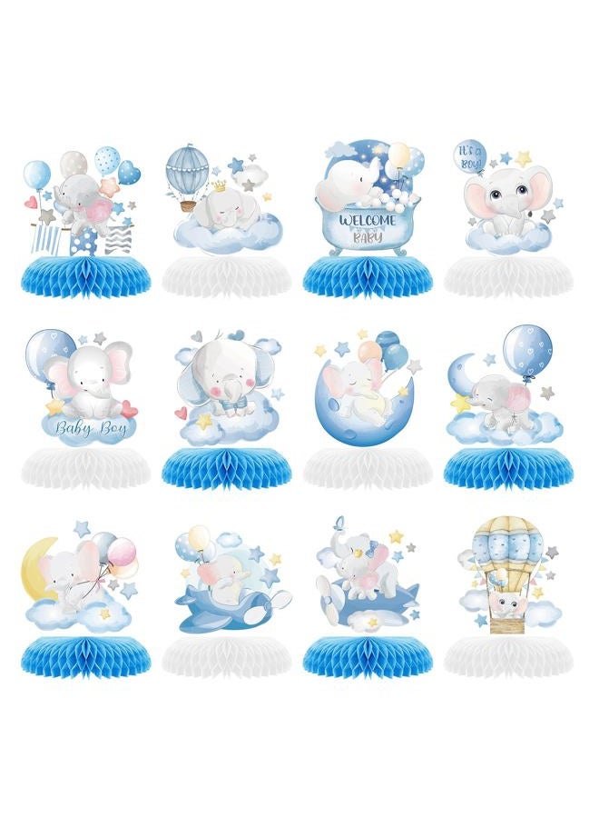 ZCPTZ 12 Pcs Blue Elephant Honeycomb Centerpieces Moon Star Balloons Elephant Theme Party Topper It's A Boy 3D Baby Shower Honeycomb Table Decorations for Birtaday Wedding Shower Party Supplies - Image 1