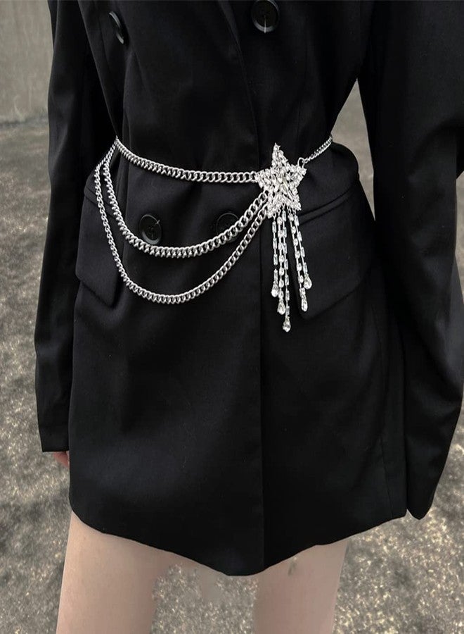 Wiwpar Sparkly Rhinestone Body Chains Belt Crystal Waist Chains Star Pendant Summer Beach Sexy Waist Chain Boho Layered Body Chain Belly Waist Chain Party Body Jewelry Accessories for Women - Image 2
