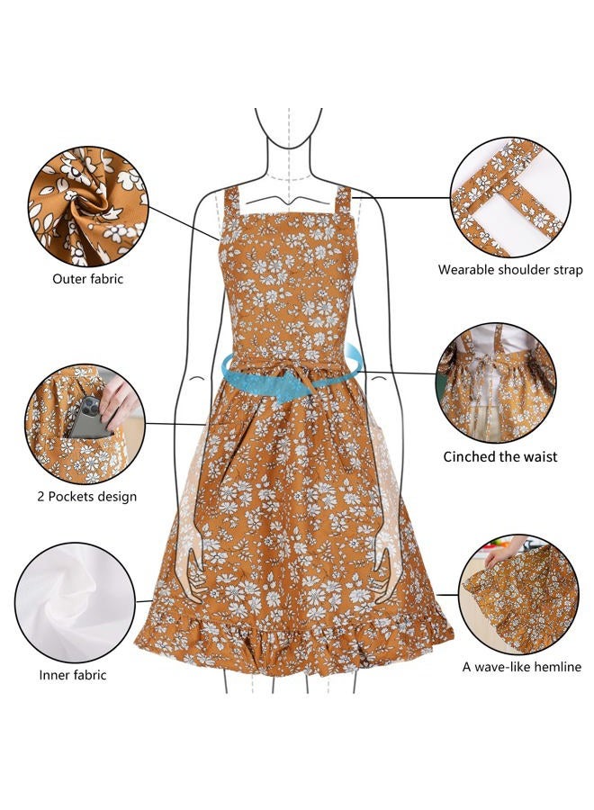 Pinknoke Vintage Pinafore Apron Dress for Women with Pockets Cute Floral Chef Aprons for Kitchen Cooking Baking Gardening, Tawny, M - Image 3