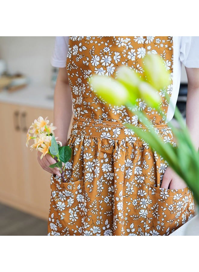 Pinknoke Vintage Pinafore Apron Dress for Women with Pockets Cute Floral Chef Aprons for Kitchen Cooking Baking Gardening, Tawny, M - Image 4