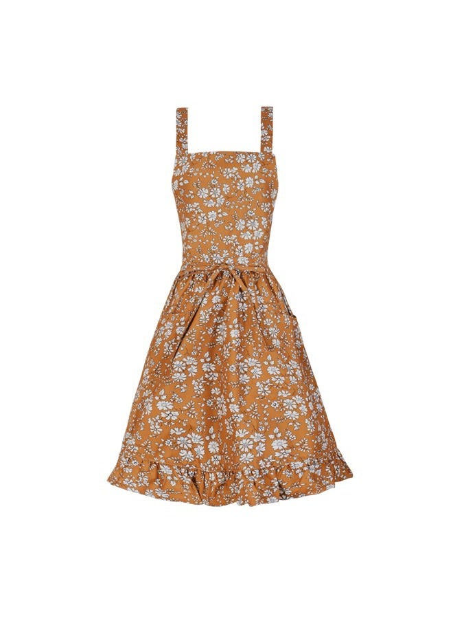 Pinknoke Vintage Pinafore Apron Dress for Women with Pockets Cute Floral Chef Aprons for Kitchen Cooking Baking Gardening, Tawny, M - Image 1