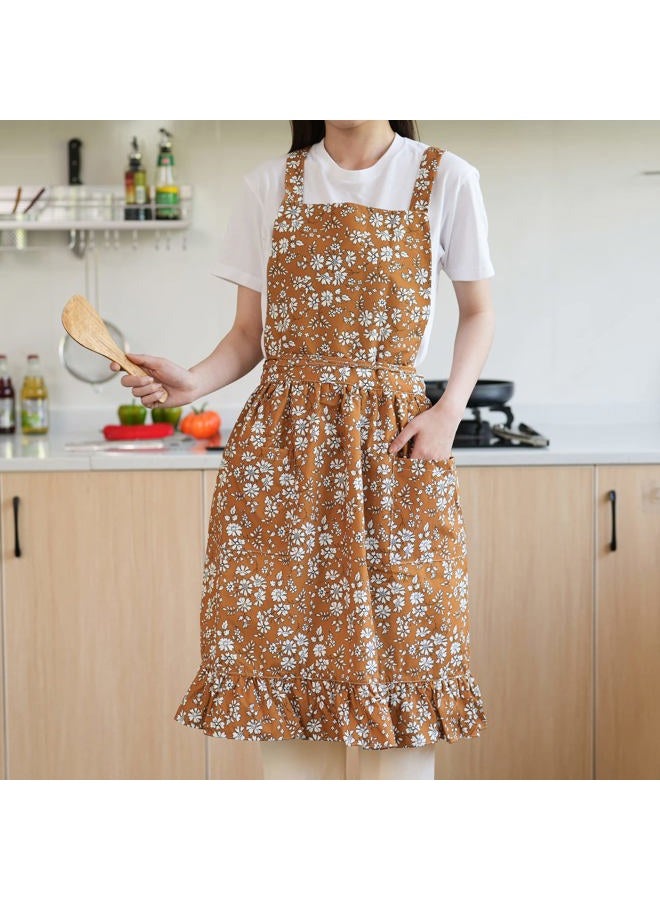 Pinknoke Vintage Pinafore Apron Dress for Women with Pockets Cute Floral Chef Aprons for Kitchen Cooking Baking Gardening, Tawny, M - Image 5