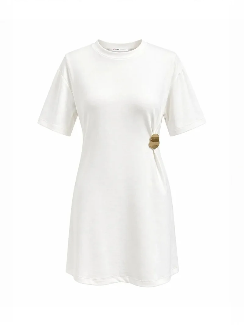 ميكسراي MIXRAY Crew Neck Mini T-Shirt Dress with Stone Accessory