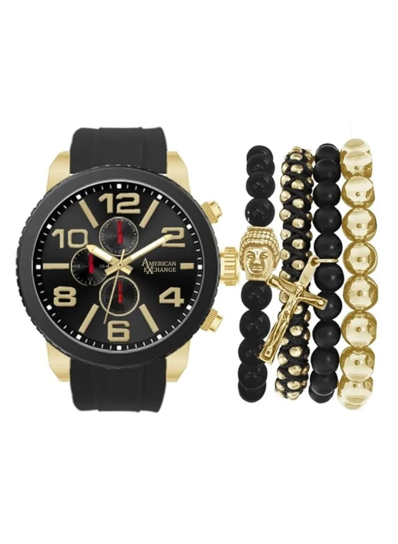 أمريكان إكستشينج American Exchange Mens Black/Black Stackable Watch and Bracelet with Silicone Strap, 5585G-42-G02