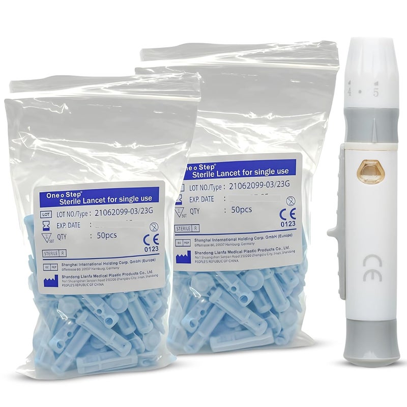 One Step Lancing Device  100 x 23 Gauge Twist Top Lancets Blood Sampling Pen 5 Depth Settings Diabetic Sugar Level Testing Less Pain and Ejector - Image 1