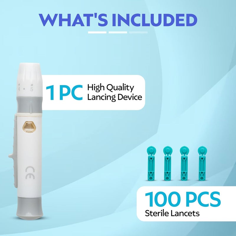 One Step Lancing Device  100 x 23 Gauge Twist Top Lancets Blood Sampling Pen 5 Depth Settings Diabetic Sugar Level Testing Less Pain and Ejector - Image 2