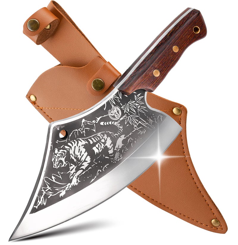 سكاكين زينغ جيا داو اليابانية سكاكين تقطيع اللحم المصنوعة من الفولاذ الفايكنغ مع غلاف 8 سكاكين جزار مصنوعة يدويًا بنمط نمر للمنزل والمطعم هدية مميزة