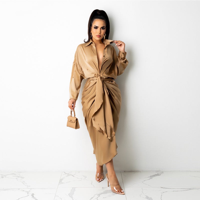 F088 independent station hollow solid color style pleated fashion women's dress Europe and America Khaki XL - Image 1