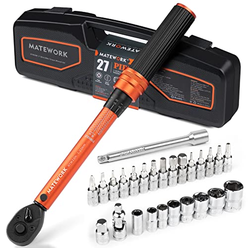 Matework 1/4 Inch Drive Click Torque Wrench, 27 PCS Bike Torque Wrench Set Double Scale (1-25Nm/8.9-221.3lb.in), 0.1Nm High Precision with Bit Sockets, 3/8 Adapter, Extension Bar, for Bicycle Maintenance - Image 1