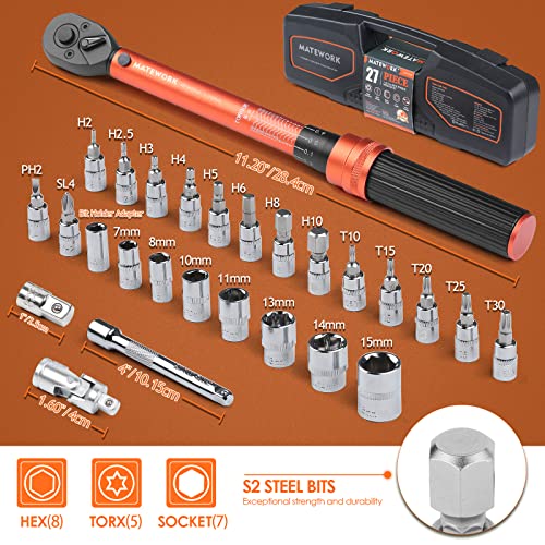 Matework 1/4 Inch Drive Click Torque Wrench, 27 PCS Bike Torque Wrench Set Double Scale (1-25Nm/8.9-221.3lb.in), 0.1Nm High Precision with Bit Sockets, 3/8 Adapter, Extension Bar, for Bicycle Maintenance - Image 2