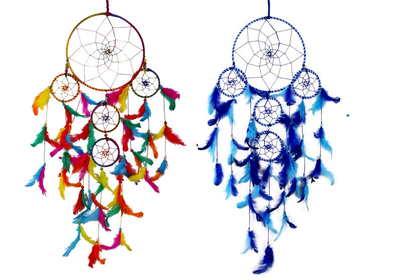 DULI Dream Catcher Combo Ying-Yang Concept Traditional Indian Dreamcatcher Wall Art for Bedrooms, Home Wall, Hanging Design, Wall Decor,Metal, Feathers Dreamcatcher (Big Blue-Big Multi Combo) - Image 1