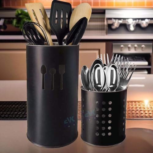 EVK Self Draining Tableware Storage Box - Spoon,Knife,Fork,Chopstick,Stainless Steel Cutlery Holder Organizer Stand for Kitchen (EVK-Big Spoon &Small Dot Cutlery-Black),18 cm,10 cm ,10 x 10 x 10 cm - Image 1