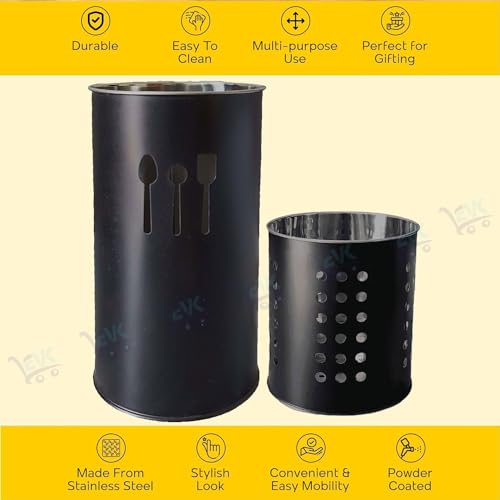 EVK Self Draining Tableware Storage Box - Spoon,Knife,Fork,Chopstick,Stainless Steel Cutlery Holder Organizer Stand for Kitchen (EVK-Big Spoon &Small Dot Cutlery-Black),18 cm,10 cm ,10 x 10 x 10 cm - Image 3
