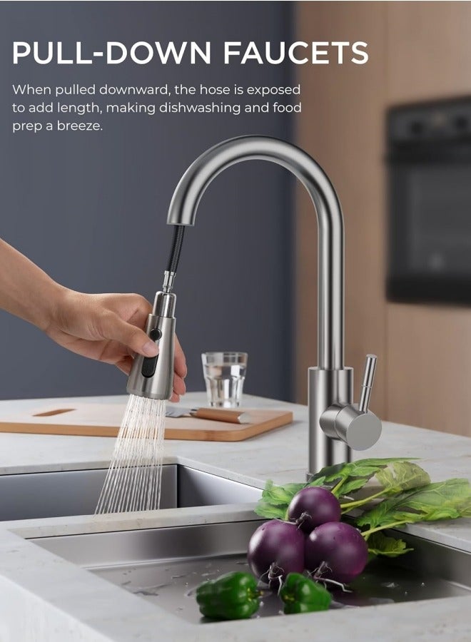 ALongDeng Kitchen Faucet Single-Handle High Arc Kitchen Tap with Pull Down Sprayer 3 Modes S304 Stainless Steel Modern Sink Mixer for Sink Brushed Nickel - Image 2