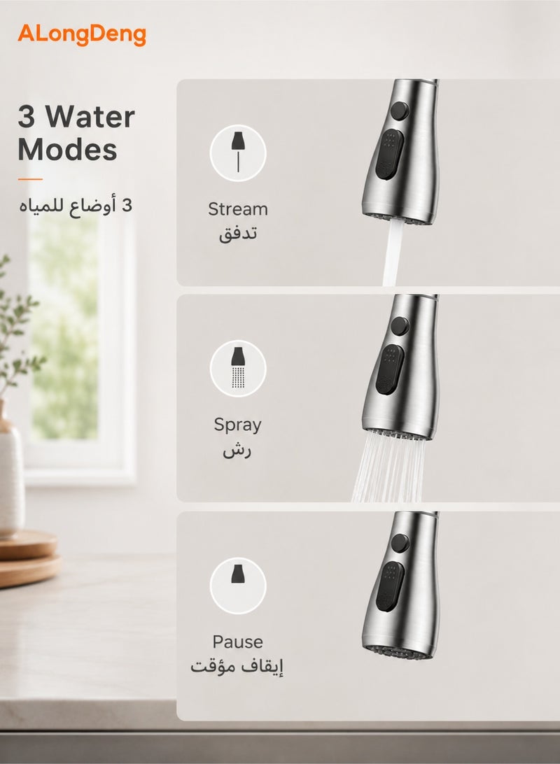 ALongDeng 304 Stainless Steel Kitchen Faucet, Pull Down Kitchen Faucet with Sprayer, Single Handle Single Hole Kitchen Sink Faucet with Dual Spray Modes, High Arc Swivel Sink Faucet, Modern Brushed Nickel Kitchen Mixer Faucet for Home Kitchen - Image 3