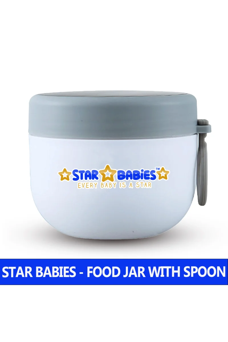 STAR BABiES Star Babies Stainless Steel Food Jar 600ml Portable Microwave Safe Breakfast Cup with Spoon & Leak Proof Lid - White