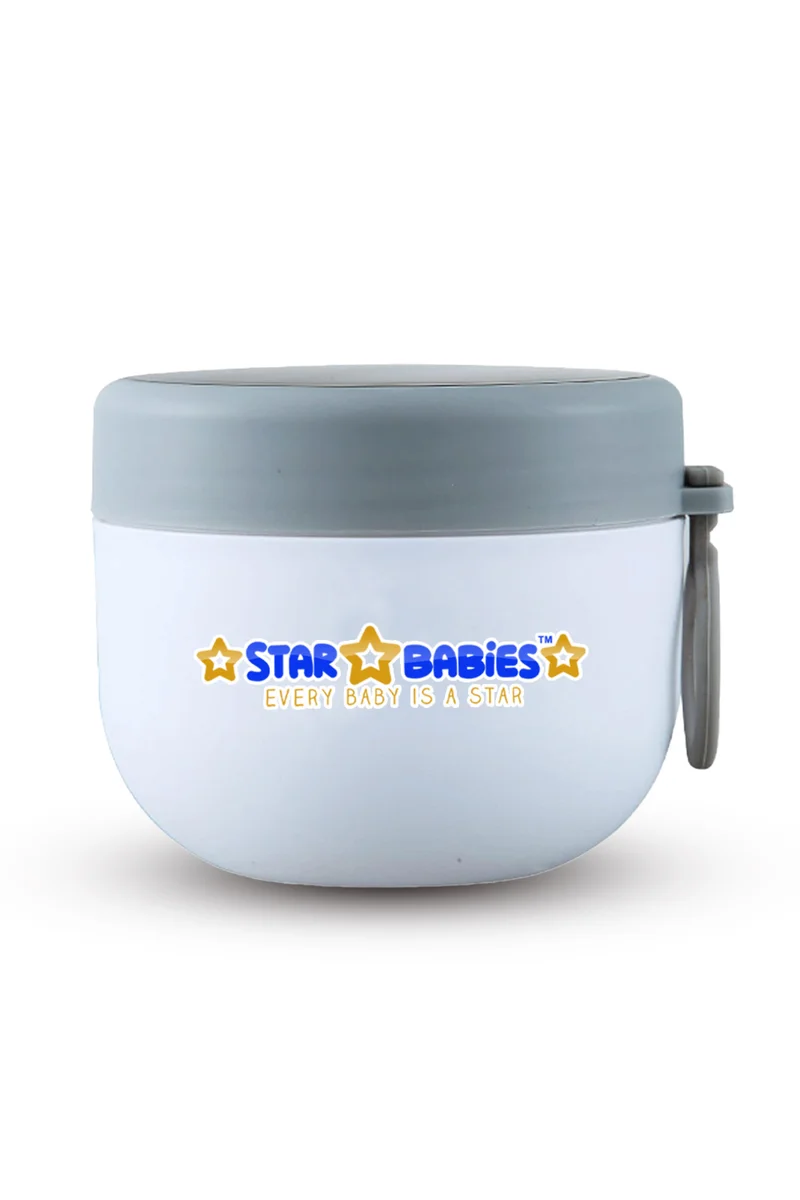 STAR BABiES Star Babies Stainless Steel Food Jar 600ml Portable Microwave Safe Breakfast Cup with Spoon & Leak Proof Lid - White