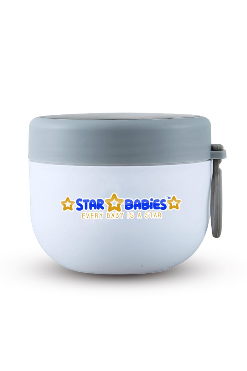 Star Babies Stainless Steel Food Jar 600ml Portable Microwave Safe Breakfast Cup with Spoon & Leak Proof Lid - White - Image 1