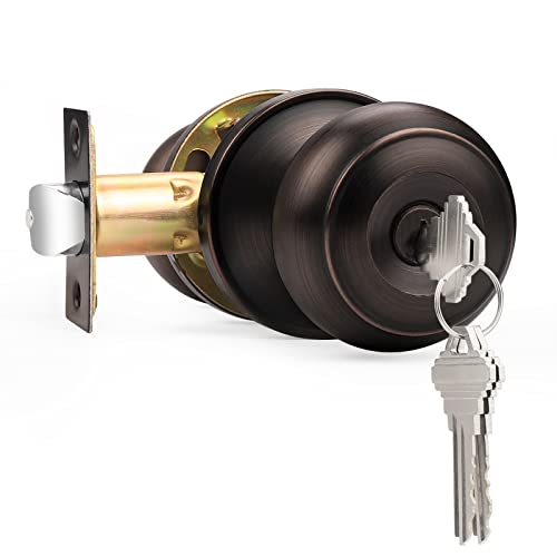 Probrico Door Knobs with Lock and Key, Exterior Door Locks, Flat Ball Knob Style, Oil Rubbed Bronze, 1 Pack - Image 1
