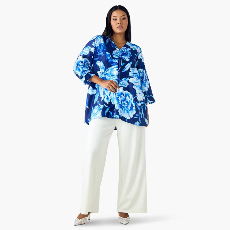 Ulla Popken Plus Size Ulla Popken Printed V-neck Top with 3/4 Sleeves