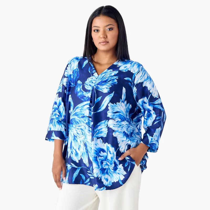 Ulla Popken Plus Size Ulla Popken Printed V-neck Top with 3/4 Sleeves