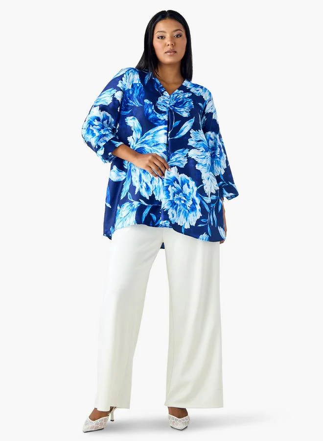 Ulla Popken Plus Size Ulla Popken Printed V-neck Top with 3/4 Sleeves