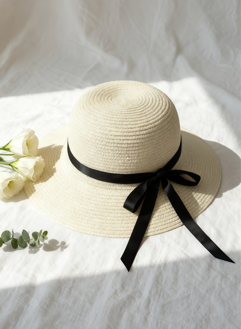 لويال قبعة شمس صيفية نسائية بشريط أسود وقبعة ذات حافة واسعة وقبعة حوض للبالغين قابلة للطي للحماية من الشمس - Image 1