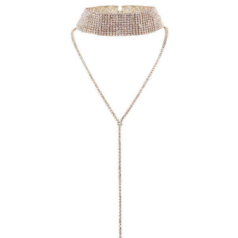 Rhinestones Choker Necklace Double Layer Full Crystal Wide Y Collar Necklace (Gold 1)