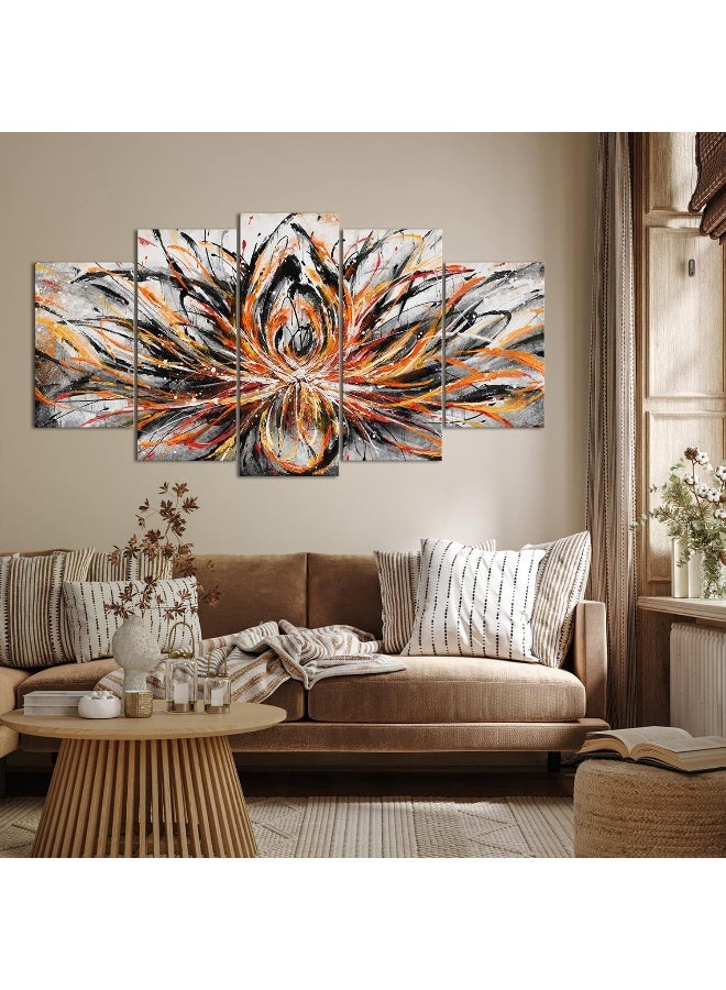 Home Trove Large 5 Piece Abstract Canvas Wall Art Vintage Orange Lotus Flower Painting Prints Zen Artwork For Home Office Living Room Decor Gallery Wrapped Ready To Hang  - Image 5