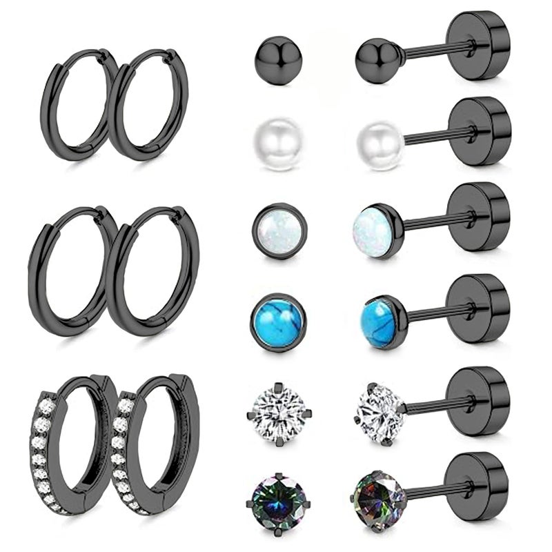 LOFITOR Titanium Earrings for Men Women 20G Titanium Steel Flat Back Earrings Stud and Hoop Earring for Sensitive Ears Moonstone Hypoallergenic Cartilage Flatback Stud Earring Black Plated - Image 1