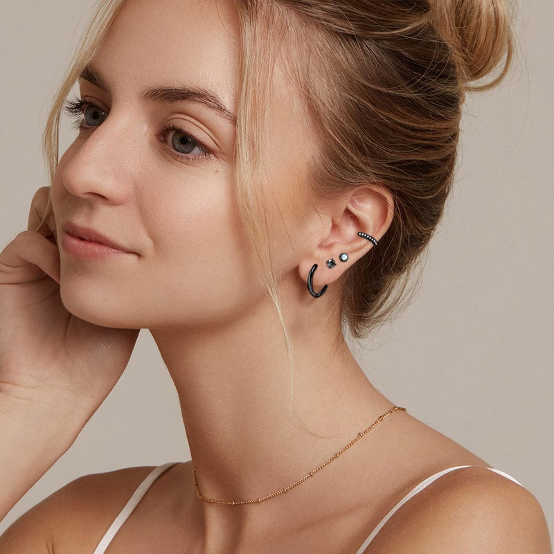 LOFITOR Titanium Earrings for Men Women 20G Titanium Steel Flat Back Earrings Stud and Hoop Earring for Sensitive Ears Moonstone Hypoallergenic Cartilage Flatback Stud Earring Black Plated - Image 2