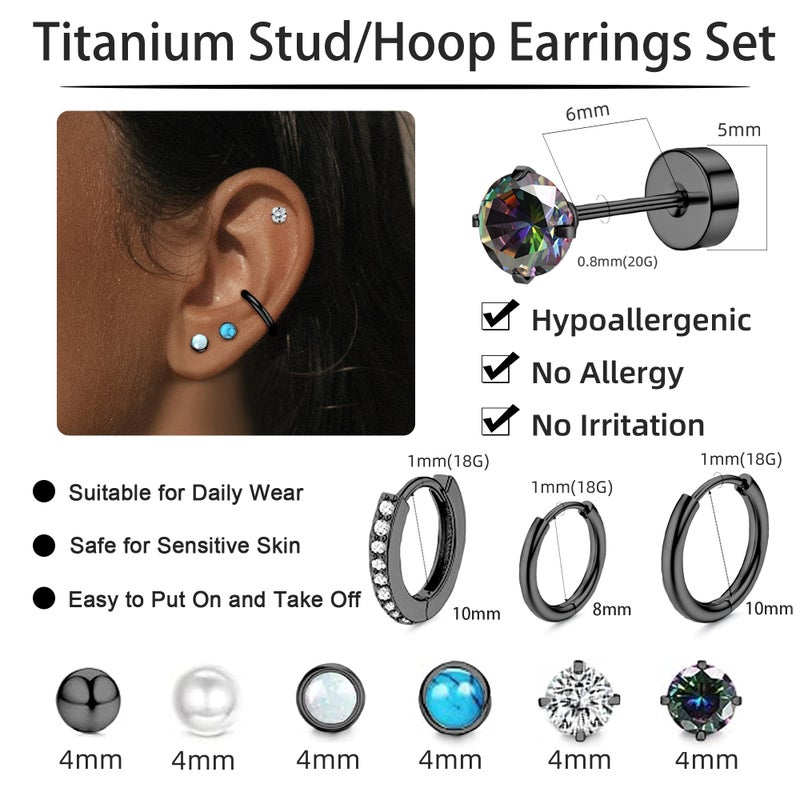 LOFITOR Titanium Earrings for Men Women 20G Titanium Steel Flat Back Earrings Stud and Hoop Earring for Sensitive Ears Moonstone Hypoallergenic Cartilage Flatback Stud Earring Black Plated - Image 4