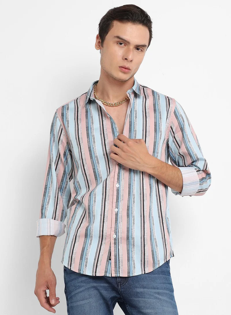 Campus Sutra Men's Multicolour Textured Barcode Striped Shirt