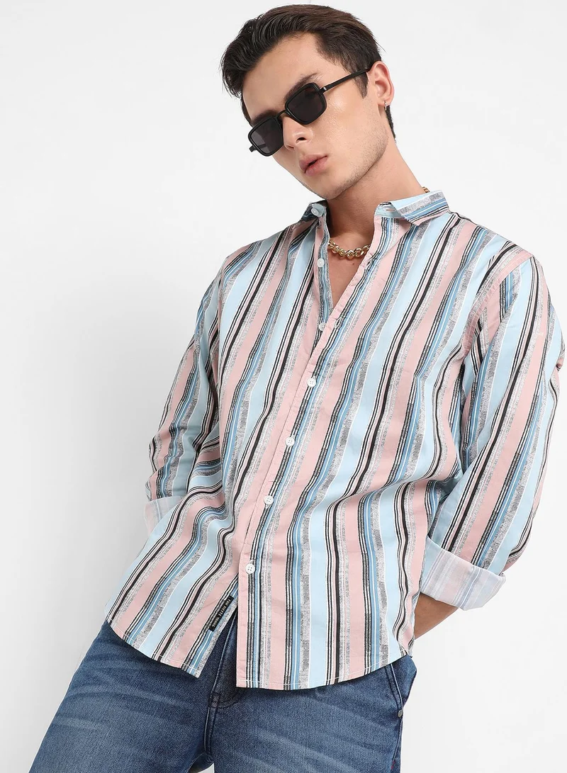 CAHOOT  Men's Multicolour Textured Barcode Striped Shirt for Men | Best Price UAE