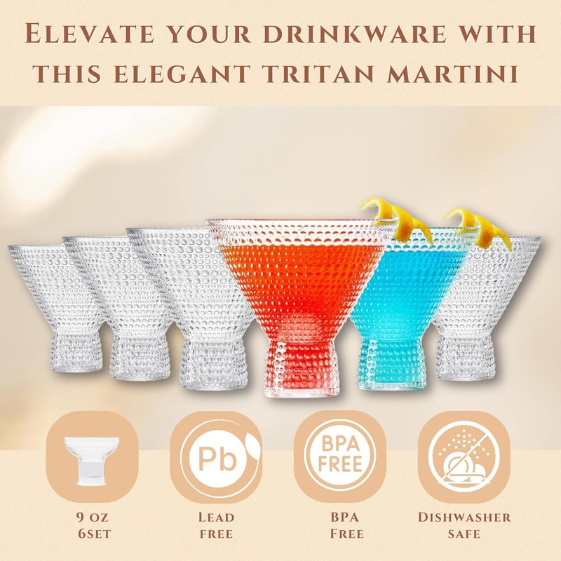 Khen Classic Reusable Plastic Martini Drinking Glasses Hobnail Design Shatterproof  6 Set  Clear Tritan Acrylic Unbreakable Beaded Cups Dishwasher Safe 9oz Kitchen Cups BPAfree Indoor Outdoor - Image 3