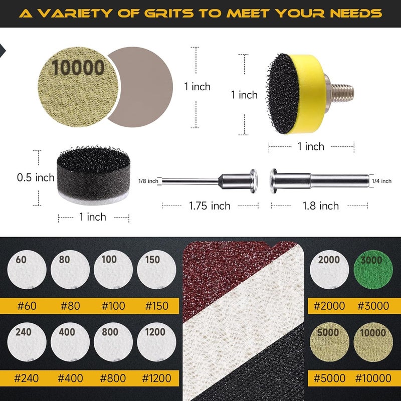 GOH DODD 365 PCS 1 Inch Sanding Disc, Hook and Loop 60 to 10000 Grit Wet Dry Sandpaper Micro Sand Paper with 1/8" 1/4" Shank, Backing Pad, Foam Pads for Auto Metal Glass Resin Wood Polishing Sanding - Image 2