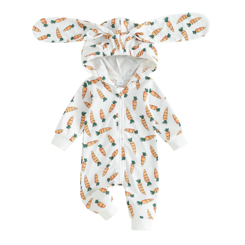 LAGKIYOJ Newborn Baby Easter Outfit Romper Carrot Print Bunny Ears Long Sleeve Hoodie Jumpsuit Fall Winter Baby Clothes (White, 3-6 Months) - Image 1
