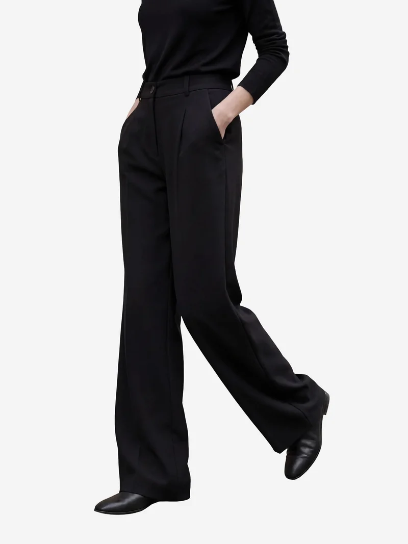 MY FASHION Black MY FASHION High Waist Pleated Straight Leg Trousers for Women | Best Price UAE