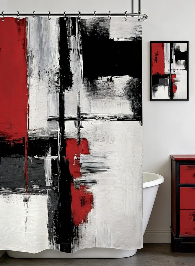 Yookeb Abstract Black Red Bathroom Shower Curtain 60W by 71H Inch Minimalist Modern Contemporary Art Brushstroke Polyester Fabric 12 Plastic Hooks Waterproof Decor - Image 2