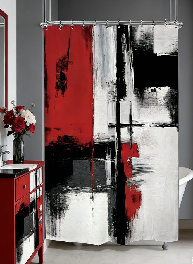 Yookeb Abstract Black Red Bathroom Shower Curtain 60W by 71H Inch Minimalist Modern Contemporary Art Brushstroke Polyester Fabric 12 Plastic Hooks Waterproof Decor - Image 1