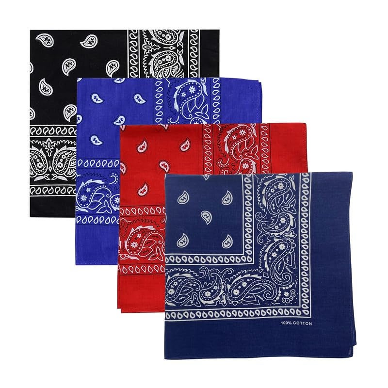 DIKHAWA Unisex Soft Breathable Cotton Paisley Printed Cowboy Bandanas,Headband,Scarf (BLACK,RED,ROYAL BLUE,NAVY_50CM X 50CM_Pack of 4) - Image 1