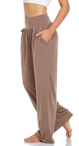 UEU Women's High Waist Khaki Yoga Pants Casual Loose Fit Sweats Lounge Wide Leg Sports Athletic Exercise Sweatpants with Pockets(LightCoffee,L) - Image 2
