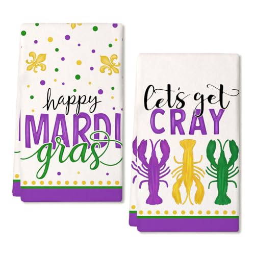 ARKENY Mardi Gras Kitchen Towels Set of 2,Purple Fleur De Lis Crayfish Dish Towels 18x26 Inch Drying Dishcloth,Farmhouse Home Mardi Gras Carnival Seasonal Holiday Decorations AD193 - Image 1