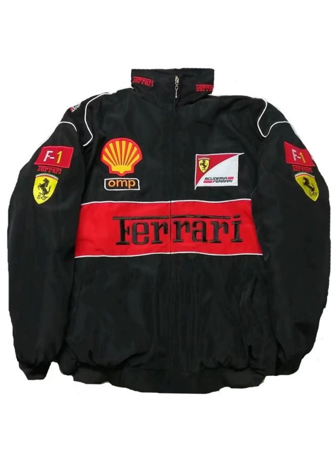 F1 Ferrari F1 Racing Jacket - Shell/UPS Sponsor Badges, Black/Red Color Block, Embroidered Logo, Full-Zip Design, Unisex Motorsport Streetwear Coat - Image 1