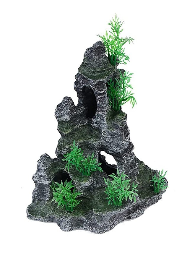 AnRui Aquarium Mountain View Rock Landscaping Decorations Fish Tank Resin Rock Hiding Cave Ornaments with Small Plant - Image 4