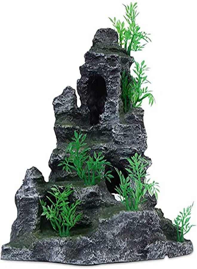 AnRui Aquarium Mountain View Rock Landscaping Decorations Fish Tank Resin Rock Hiding Cave Ornaments with Small Plant - Image 1