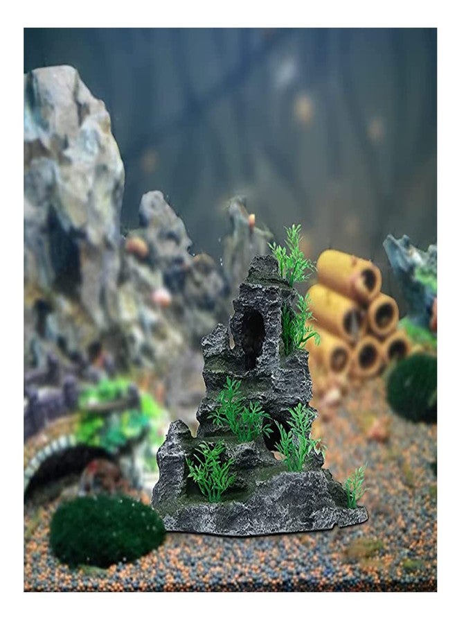 AnRui Aquarium Mountain View Rock Landscaping Decorations Fish Tank Resin Rock Hiding Cave Ornaments with Small Plant - Image 2